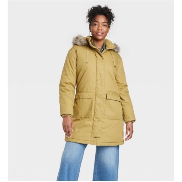 Universal Thread Green Parka Jacket Coat Faux Fur Hood Large New - Picture 1 of 4
